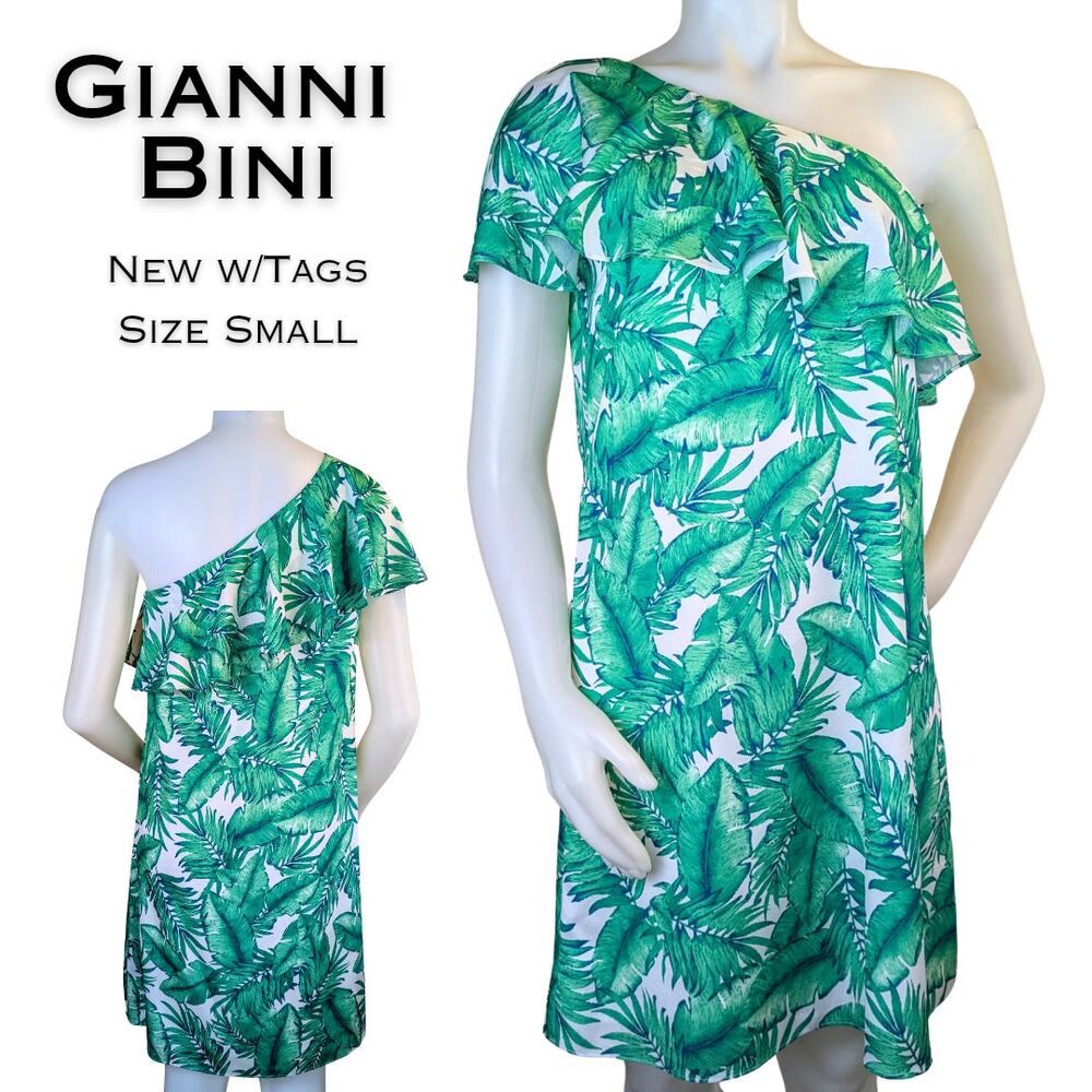 Gianni Bini Pam Shift Minidress Small Green Palm Leaf One Shoulder Tropical NEW